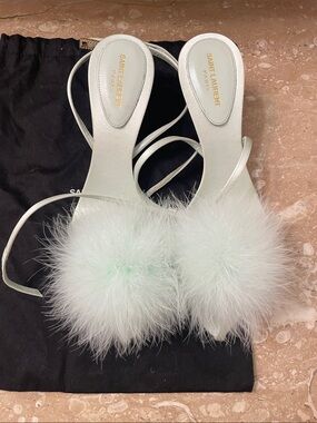 Saint Laurent Mint White Feather Pom-Pom Strappy Heels